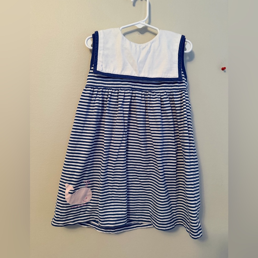 Little English Striped Blue Dress with Pink Whale